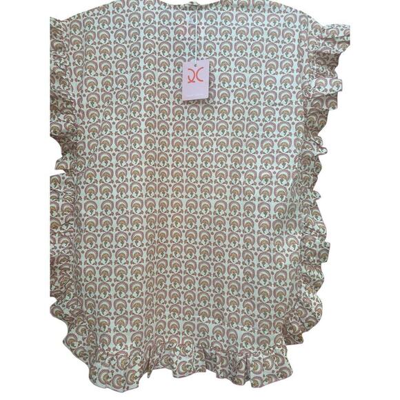 Quiet Culture Cotton Poplin Lounge Dress Pink Green Geometric Ruffle Trim NWT - Picture 3 of 6